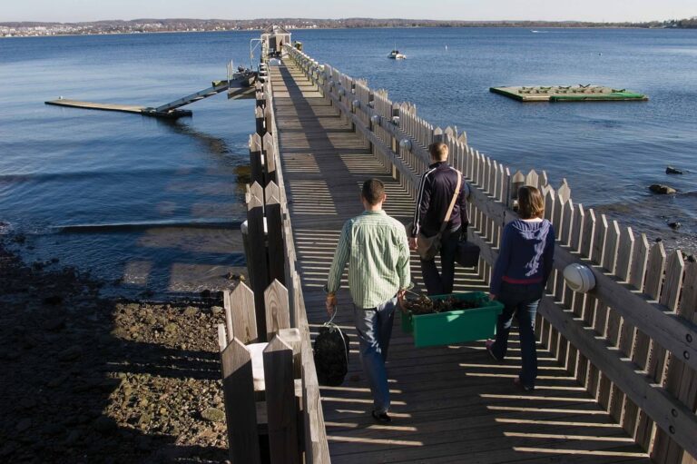 Three people walk along the RWU educational dock holding equipment.