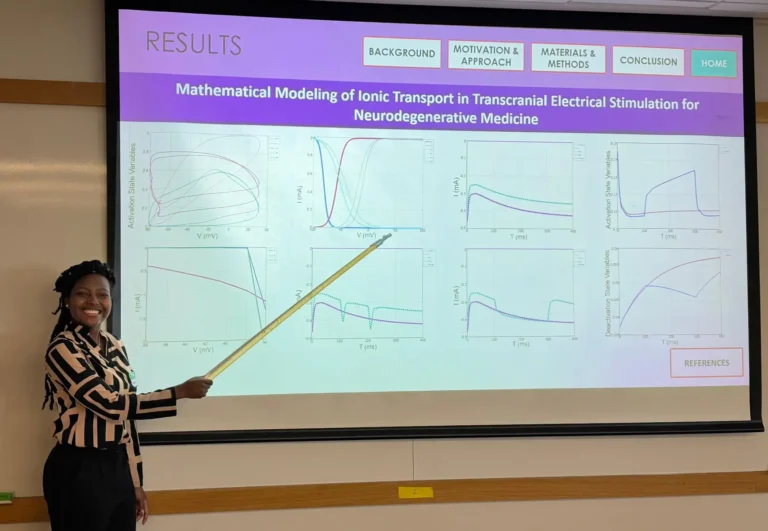 Person points to graphs on a projected presentation titled “Mathematical Modeling of Ionic Transport in Transcranial Electrical Stimulation for Neurodegenerative Medicine.”